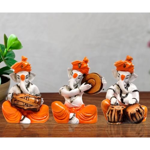 Three Small Lord Ganesha Idol Playing Instruments Orange Color Best & Unique Design for Home Decor - Karigaari India Aesthetic Home Decor