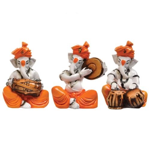 Three Small Lord Ganesha Idol Playing Instruments Orange Color Best & Unique Design for Home Decor - Karigaari India Aesthetic Home Decor