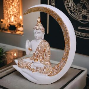 Resin Buddha in White Crescent Moon - Spiritual - Karigaari India Aesthetic Home Decor
