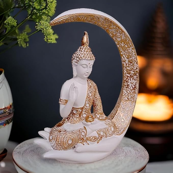 Modern Unique Resin Buddha In White Crescent Moon Spiritual Stylish Accent 2 Resin Buddha in White Crescent Moon - Spiritual - Karigaari India Aesthetic Home Decor