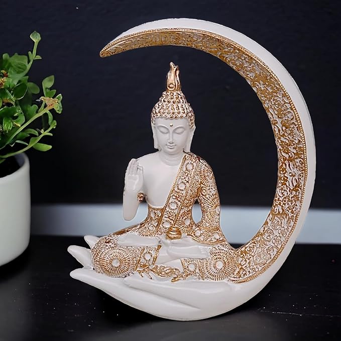 Modern Unique Resin Buddha In White Crescent Moon Spiritual Stylish Accent 3 Resin Buddha in White Crescent Moon - Spiritual - Karigaari India Aesthetic Home Decor