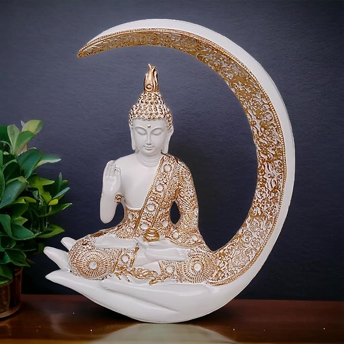 Modern Unique Resin Buddha In White Crescent Moon Spiritual Stylish Accent 4 Resin Buddha in White Crescent Moon - Spiritual - Karigaari India Aesthetic Home Decor