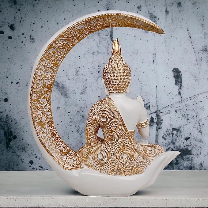 Modern Unique Resin Buddha In White Crescent Moon Spiritual Stylish Accent 5 Resin Buddha in White Crescent Moon - Spiritual - Karigaari India Aesthetic Home Decor