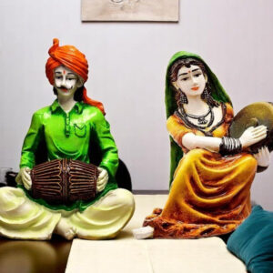 Traditions of Rajasthani : Man Playing Dholak & Lady with Dafli - Karigaari India Aesthetic Home Decor