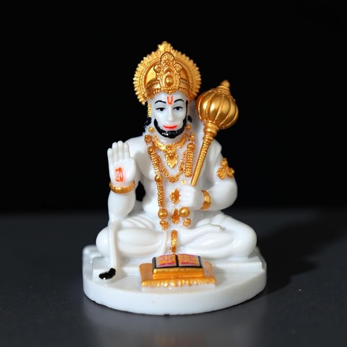 Modern White Hanuman Figure With Book And Gada Artful Decor Piece 3 White Hanuman Idol with Book and Gada - Karigaari India Aesthetic Home Decor