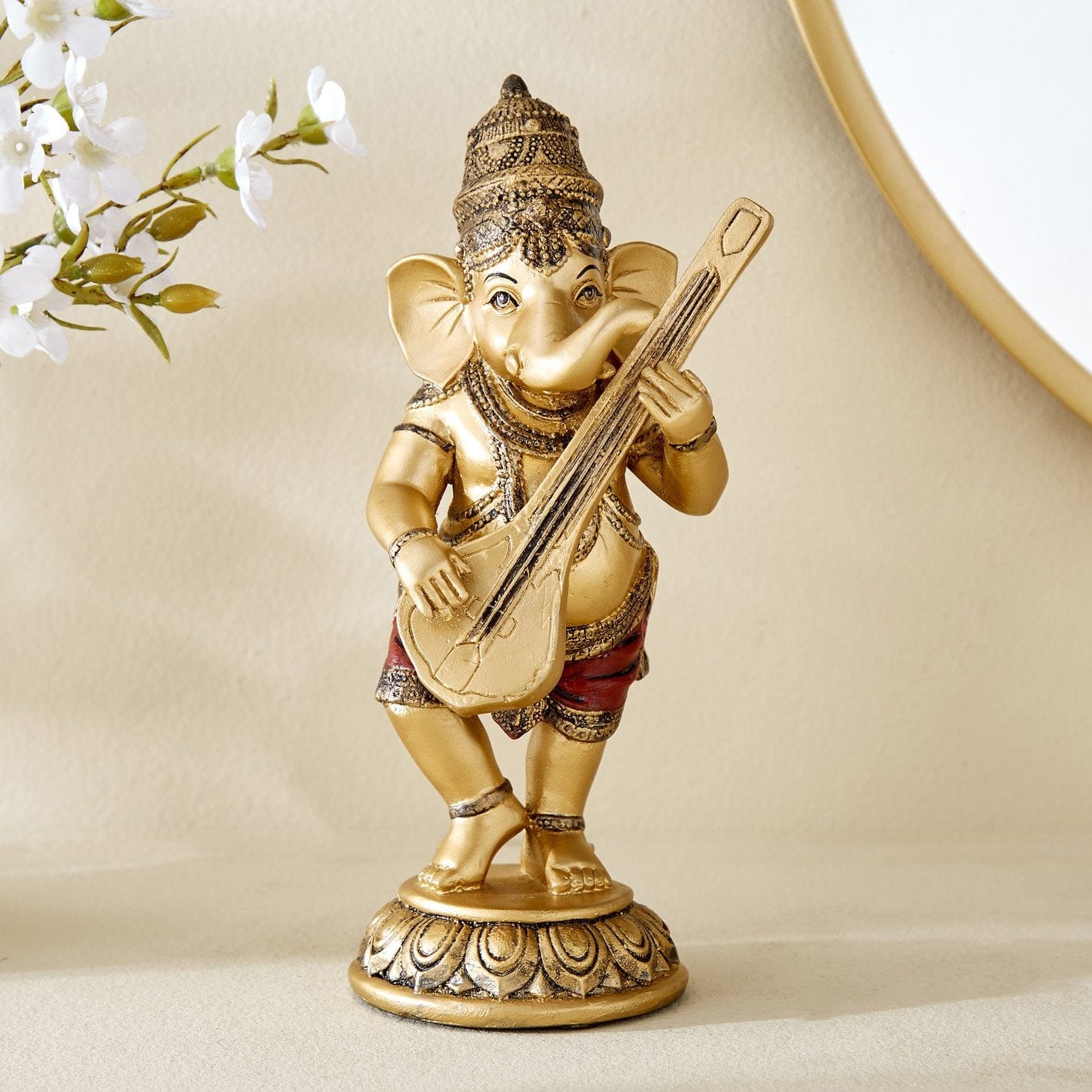 Antique Gold Ganesh Idol with Veena Resin Decorative Statue for Spiritual Decor - Karigaari India Aesthetic Home Decor