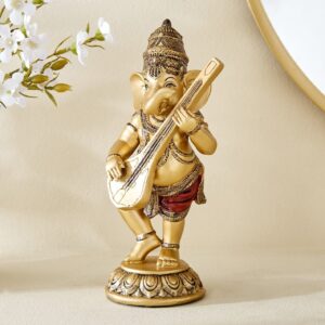 Antique Gold Ganesh Idol with Veena Resin Decorative Statue for Spiritual Decor - Karigaari India Aesthetic Home Decor