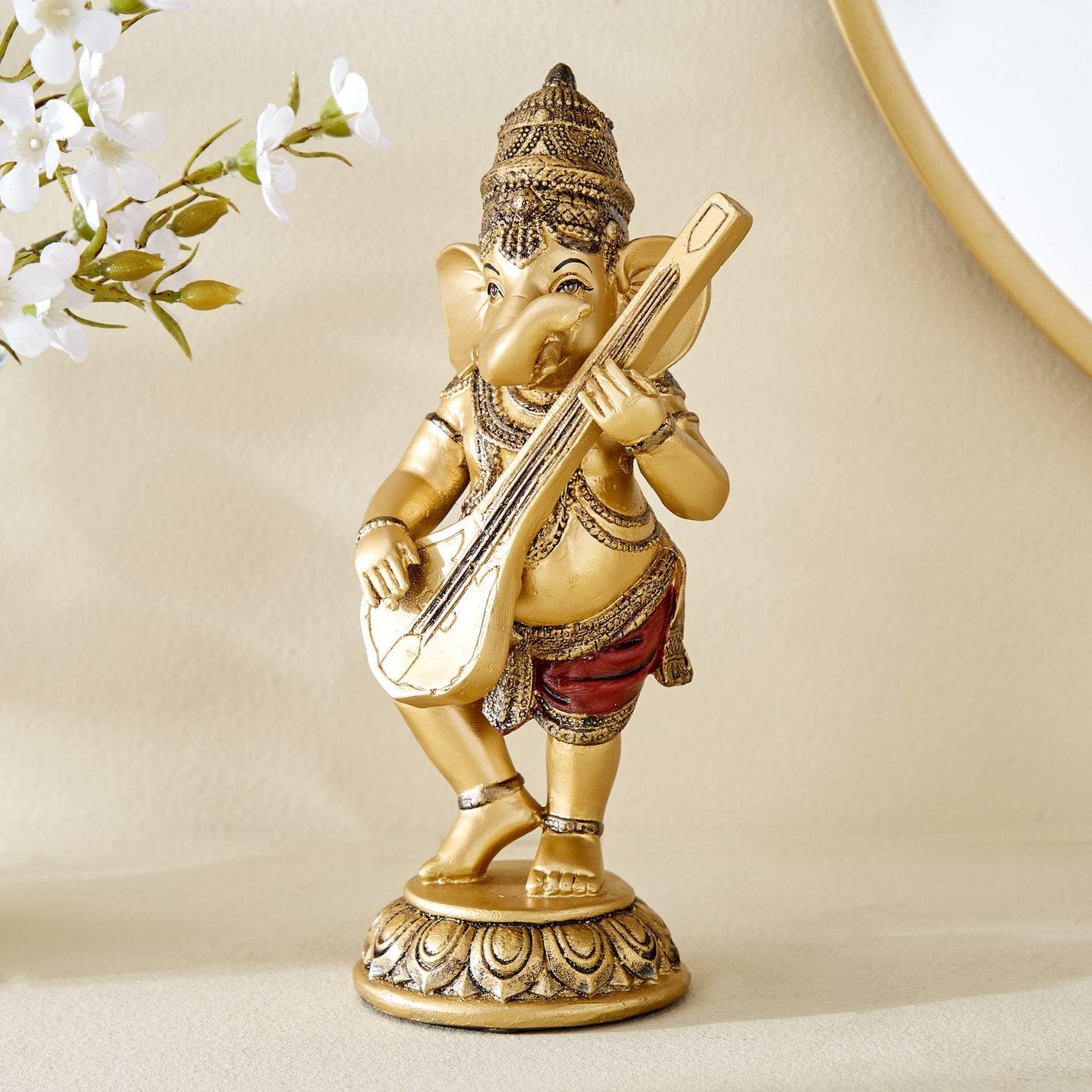 Premium Antique Gold Ganesh Figure With Veena Resin Crafted Decorative Figure For Spiritual Home Decor Stylish Accent 2 Antique Gold Ganesh Idol with Veena Resin Decorative Statue for Spiritual Decor - Karigaari India Aesthetic Home Decor