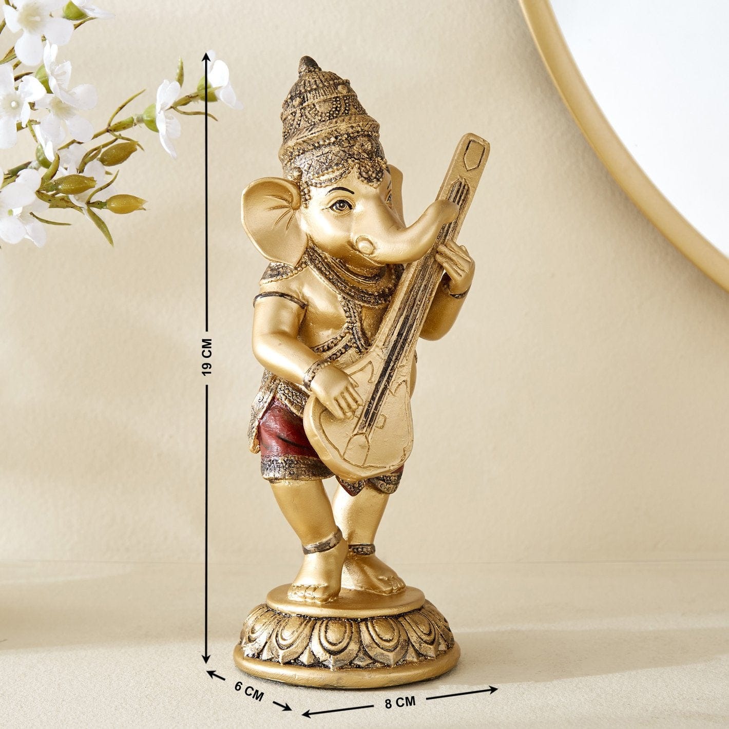 Premium Antique Gold Ganesh Figure With Veena Resin Crafted Decorative Figure For Spiritual Home Decor Stylish Accent 3 Antique Gold Ganesh Idol with Veena Resin Decorative Statue for Spiritual Decor - Karigaari India Aesthetic Home Decor