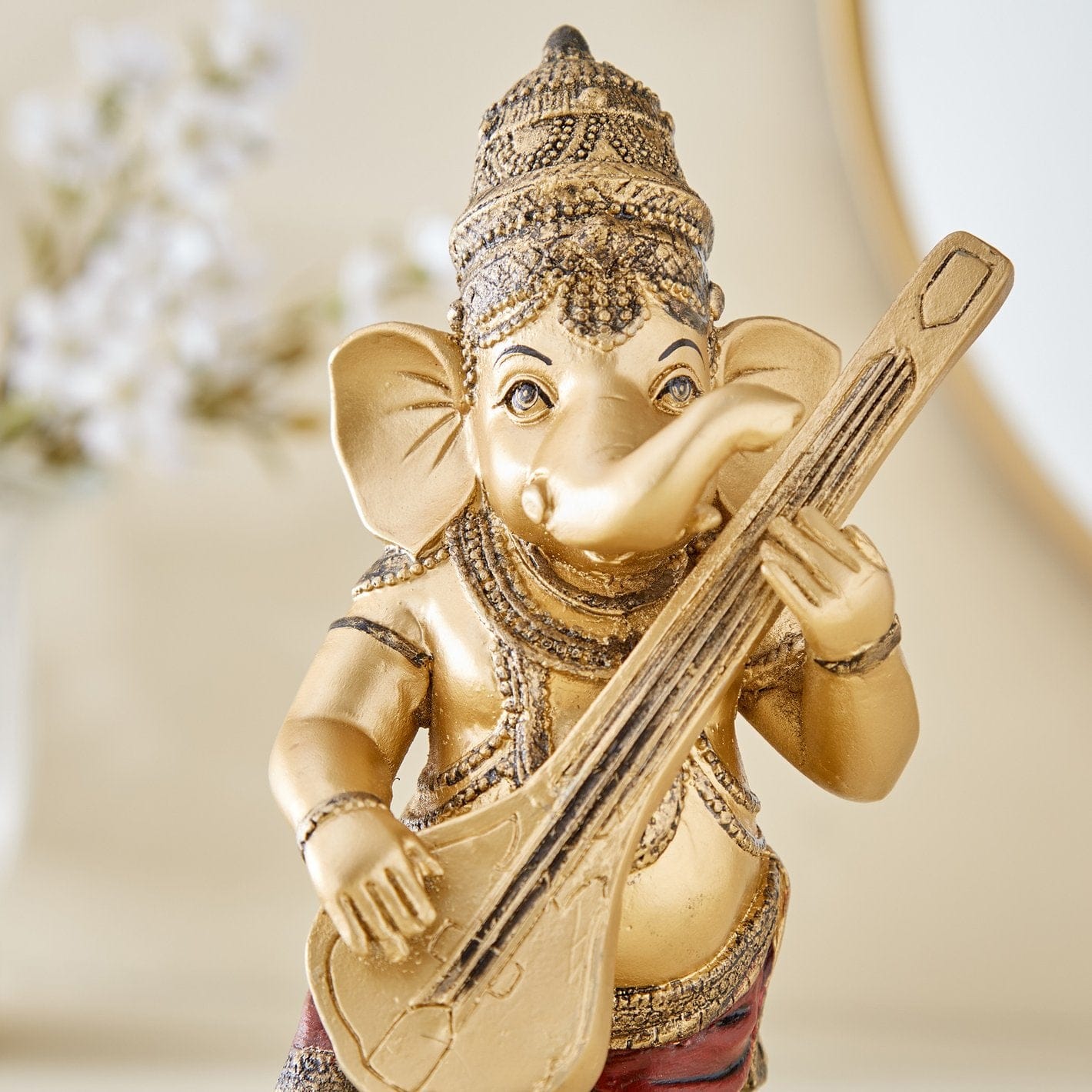 Premium Antique Gold Ganesh Figure With Veena Resin Crafted Decorative Figure For Spiritual Home Decor Stylish Accent 4 Antique Gold Ganesh Idol with Veena Resin Decorative Statue for Spiritual Decor - Karigaari India Aesthetic Home Decor