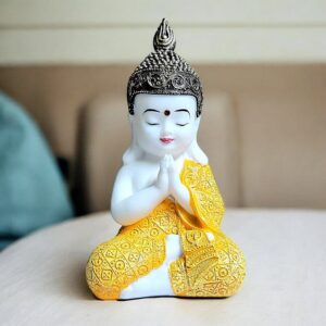 Buddha Statue Meditation Prayer Home Decor - White Gold Resin Buddha Figurine - Zen Buddhist Gift - Mindfulness Yoga Room Decoration - Spiritual Feng Shui Ornament - Karigaari India Aesthetic Home Decor