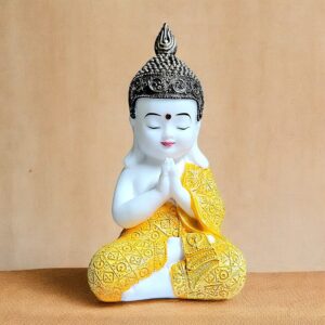 Buddha Statue Meditation Prayer Home Decor - White Gold Resin Buddha Figurine - Zen Buddhist Gift - Mindfulness Yoga Room Decoration - Spiritual Feng Shui Ornament - Karigaari India Aesthetic Home Decor