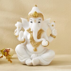 Decorative White Ganesha Figurine | Gold Accents, Resin Home Decor - Karigaari India Aesthetic Home Decor