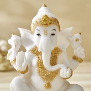 Decorative White Ganesha Figurine | Gold Accents, Resin Home Decor - Karigaari India Aesthetic Home Decor