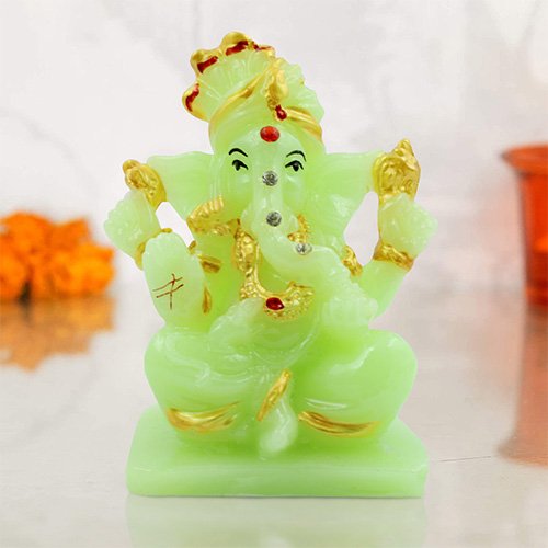 Unique Design Lord Ganesha Sitting Idol Crystal Green Color With Golden Ornaments Best for Home Decor - Karigaari India Aesthetic Home Decor