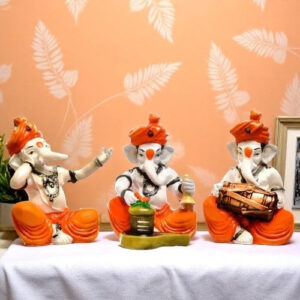 Unique Design Three Lord Ganesha Idol Playing Instruments Idol Orange Color Best Item for Home Decor - Karigaari India Aesthetic Home Decor