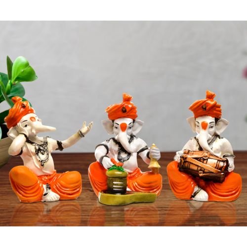 Unique Design Three Lord Ganesha Idol Playing Instruments Idol Orange Color Best Item for Home Decor - Karigaari India Aesthetic Home Decor