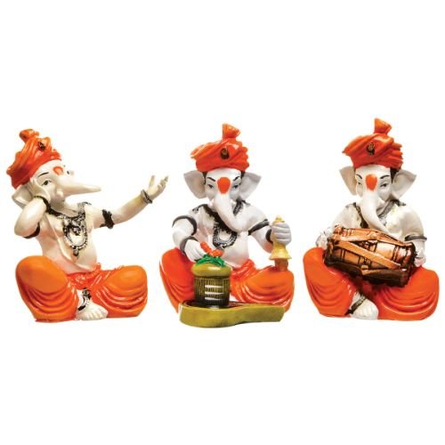 Unique Design Three Lord Ganesha Idol Playing Instruments Idol Orange Color Best Item for Home Decor - Karigaari India Aesthetic Home Decor