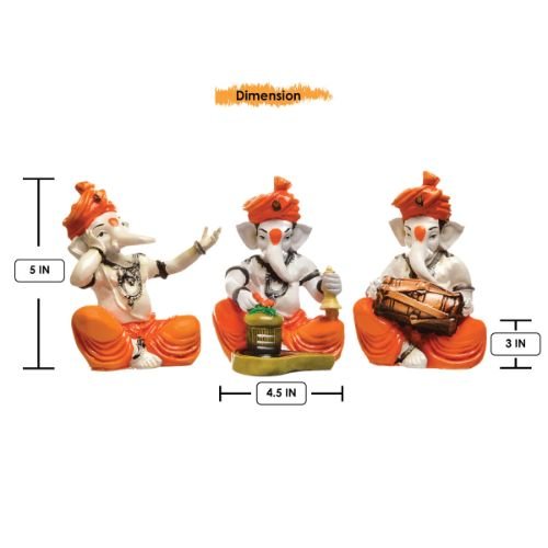 Unique Design Three Lord Ganesha Idol Playing Instruments Idol Orange Color Best Item for Home Decor - Karigaari India Aesthetic Home Decor