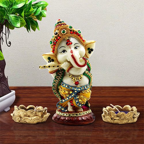 Premium Distinctive Lord Ganesha Standing Playing Flue Figurine For Home Home Decor Multicolour Decorative Piece 1 Unique Lord Ganesha Standing Playing Flue Idol for Home Decor Mulricolor - Karigaari India Aesthetic Home Decor