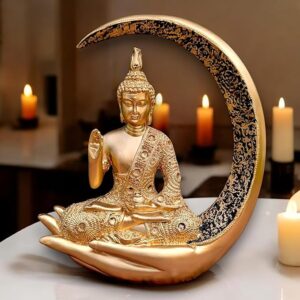 Ornate Resin Buddha in Crescent Moon - Golden - Karigaari India Aesthetic Home Decor