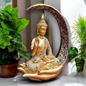 Ornate Resin Buddha in Crescent Moon - Golden - Karigaari India Aesthetic Home Decor
