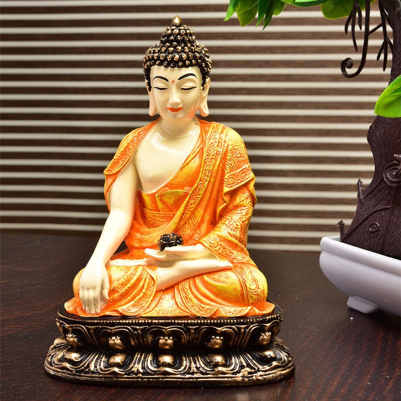 Premium Handmade Ployresin Lord Buddha Orange Colour Sitting Idol Sitting On Golden Colour Table Display Piece Home Decor Office Home Decor Spiritual Gift Modern Ornament 2 Handcrafted Ployresin Lord Buddha Orange Colour Sitting Statue Sitting On Golden Colour Table Showpiece Home Decor/Office Decor/Spiritual Gift - Karigaari India Aesthetic Home Decor