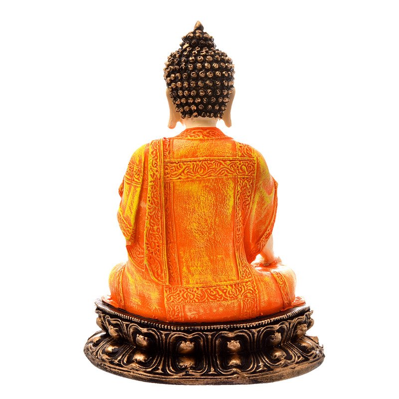 Premium Handmade Ployresin Lord Buddha Orange Colour Sitting Idol Sitting On Golden Colour Table Display Piece Home Decor Office Home Decor Spiritual Gift Modern Ornament 5 Handcrafted Ployresin Lord Buddha Orange Colour Sitting Statue Sitting On Golden Colour Table Showpiece Home Decor/Office Decor/Spiritual Gift - Karigaari India Aesthetic Home Decor