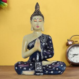 Handcrafted Ployresin Lord Buddha Sitting And Praying Wearing Black And Silver Clothes Statue Showpiece Home Decor/Office Decor/Spiritual Gift - Karigaari India Aesthetic Home Decor
