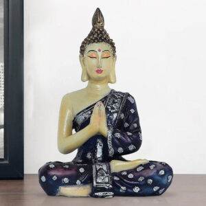 Handcrafted Ployresin Lord Buddha Sitting And Praying Wearing Black And Silver Clothes Statue Showpiece Home Decor/Office Decor/Spiritual Gift - Karigaari India Aesthetic Home Decor