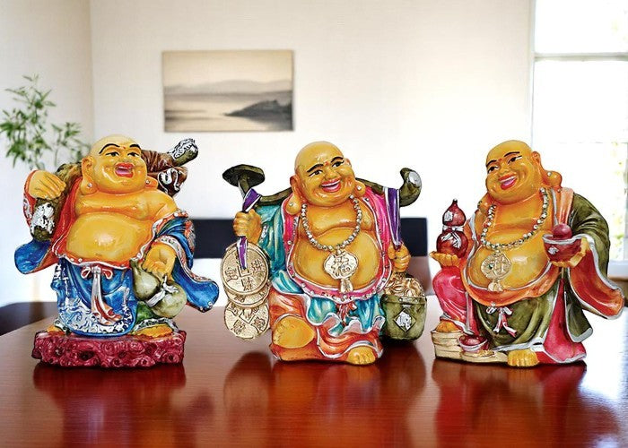 Premium Handmade Ployresin Lord Buddha Three Standing With Laughing Multicolour Statues Centerpiece Home Home Decor Office Decoration Spiritual Gift Luxurious Accent 1 Handcrafted Ployresin Lord Buddha Three Standing With Laughing Multicolour Statues Showpiece Home Decor/Office Decor/Spiritual Gift - Karigaari India Aesthetic Home Decor