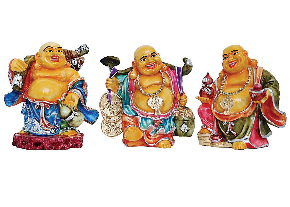Premium Handmade Ployresin Lord Buddha Three Standing With Laughing Multicolour Statues Centerpiece Home Home Decor Office Decoration Spiritual Gift Luxurious Accent 4 Handcrafted Ployresin Lord Buddha Three Standing With Laughing Multicolour Statues Showpiece Home Decor/Office Decor/Spiritual Gift - Karigaari India Aesthetic Home Decor