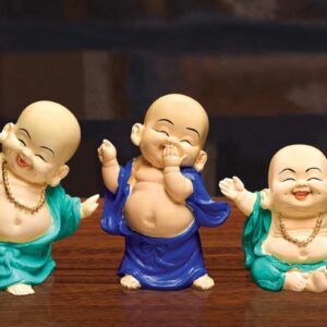 Handcrafted Ployresin Standing And Sitting, Laughing ,Happy Lord Buddha Green, Blue Colour Statue Showpiece Home Decor/Office Decor/Spiritual Gift, Three Pieces - Karigaari India Aesthetic Home Decor