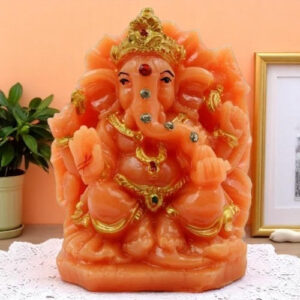 Lord Ganesha sitting On Sihansan Crown Orange Colour Idol for Home Decor - Karigaari India Aesthetic Home Decor