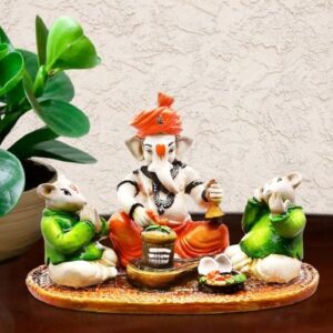 Lord Ganesha Idol Sitting With Mouse Colorful Design Best for Home Decor - Karigaari India Aesthetic Home Decor
