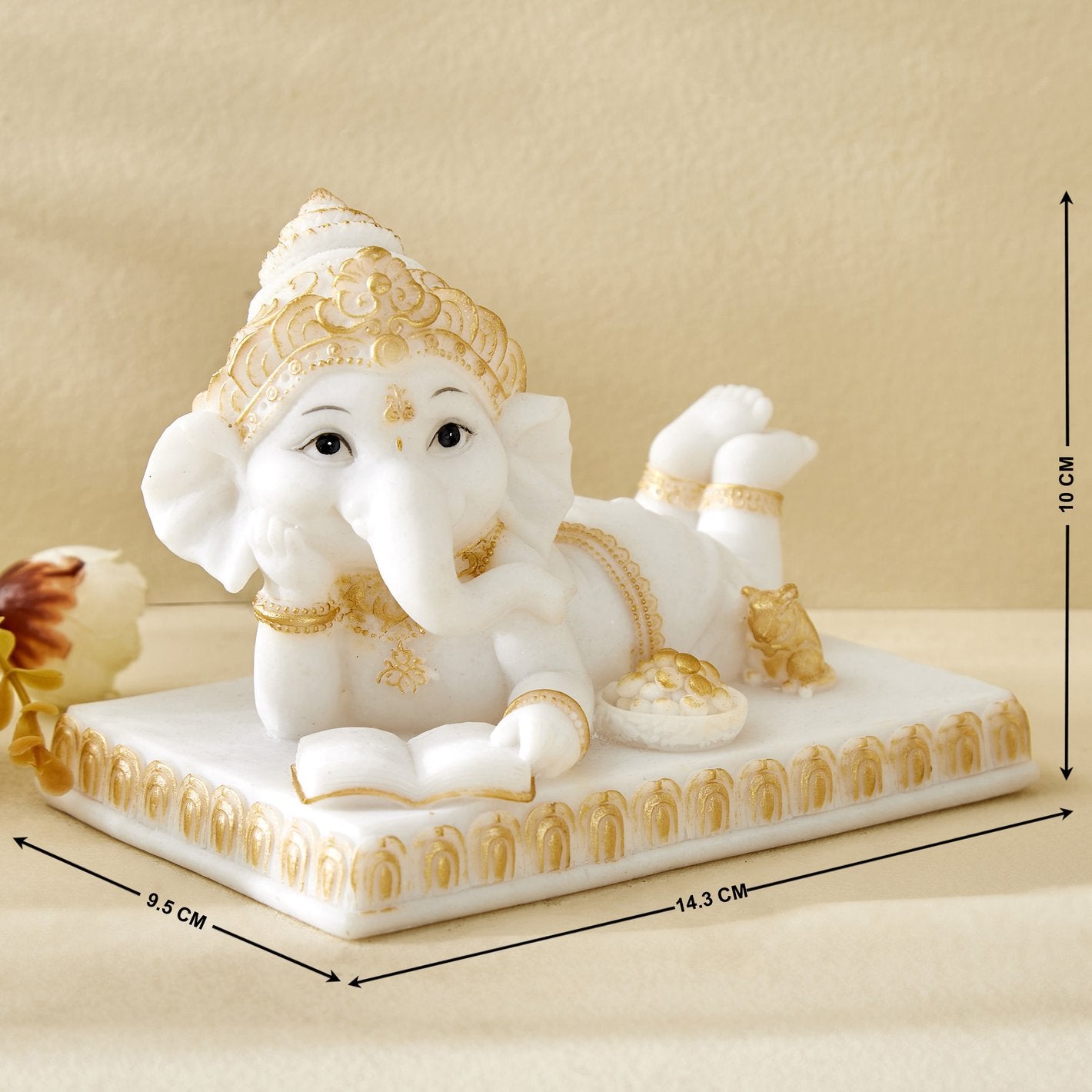 Premium Reading Ganpati Figurine White Gold Resin Crafted Ganesha Figurine For Home Decor Gifting Stylish Accent 2 Reading Ganpati Idol White & Gold Resin Ganesha Statue for Home Decor & Gifting - Karigaari India Aesthetic Home Decor