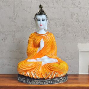 Resin Sitting Buddha Idol in Orange Robe | Blessing Buddha Statue for Home Decor & Gifting | Peaceful Meditation Showpiece for Living Room & Mandir - Karigaari India Aesthetic Home Decor