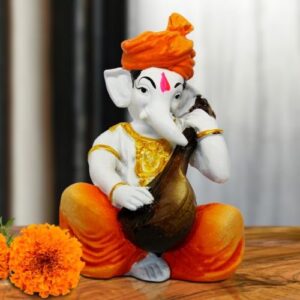 Small Lord Ganesha Idol Playing Instruments Best & Unique Design Orange & White for Home Decor - Karigaari India Aesthetic Home Decor