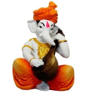 Small Lord Ganesha Idol Playing Instruments Best & Unique Design Orange & White for Home Decor - Karigaari India Aesthetic Home Decor