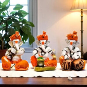 Three Little Lord Ganesha Idol Playing Instruments Orange Best & Unique Design for Home Decor - Karigaari India Aesthetic Home Decor