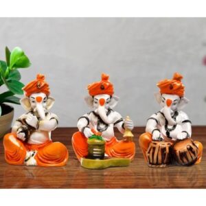 Three Little Lord Ganesha Idol Playing Instruments Orange Best & Unique Design for Home Decor - Karigaari India Aesthetic Home Decor