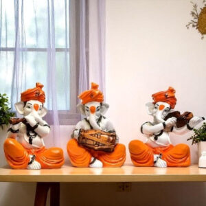 Three Lord Ganesha Idol Playing Instruments Idol Orange Best & Unique Item for Home Decor - Karigaari India Aesthetic Home Decor