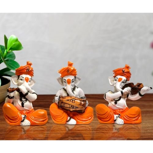 Premium Three Lord Ganesha Figurine Playing Instruments Figurine Orange Best Distinctive Item For Home Home Decor Luxurious Accent 2 Three Lord Ganesha Idol Playing Instruments Idol Orange Best & Unique Item for Home Decor - Karigaari India Aesthetic Home Decor