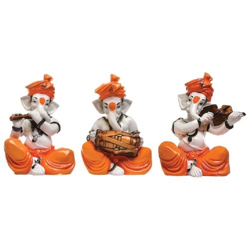 Premium Three Lord Ganesha Figurine Playing Instruments Figurine Orange Best Distinctive Item For Home Home Decor Luxurious Accent 3 Three Lord Ganesha Idol Playing Instruments Idol Orange Best & Unique Item for Home Decor - Karigaari India Aesthetic Home Decor