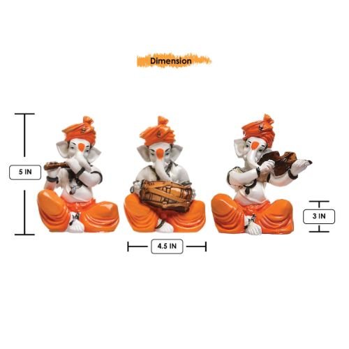 Premium Three Lord Ganesha Figurine Playing Instruments Figurine Orange Best Distinctive Item For Home Home Decor Luxurious Accent 4 Three Lord Ganesha Idol Playing Instruments Idol Orange Best & Unique Item for Home Decor - Karigaari India Aesthetic Home Decor