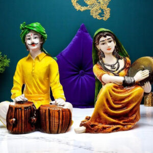 Traditions of Rajasthani : Man Playing Tabla & Lady with Dafli Showpiece - Karigaari India Aesthetic Home Decor