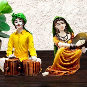 Traditions of Rajasthani : Man Playing Tabla & Lady with Dafli Showpiece - Karigaari India Aesthetic Home Decor
