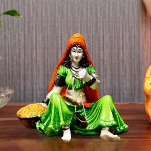 Karigaari Rajasthani Lady with Taraju Resin - Karigaari India Aesthetic Home Decor