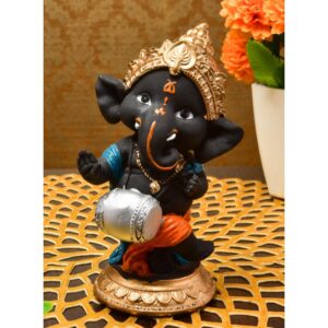 Black Resin Dholak Ganesha Idol Musical Ganpati Murti for Home Decor & Festive Gifting - Karigaari India Aesthetic Home Decor