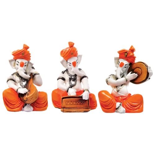 Stylish Distinctive Design Three Lord Ganesha Playing Instruments Figurine Orange Best Item For Home Home Decor Artful Decor Piece 3 Unique Design Three Lord Ganesha Playing Instruments Idol Orange Best Item for Home Decor - Karigaari India Aesthetic Home Decor